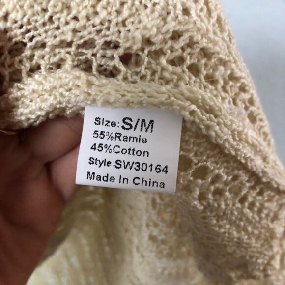 Women's PPLA Cream Open Knit Kimono w/Fringe Trim on Hem & Sleeves, Size S/M - Picture 4 of 9